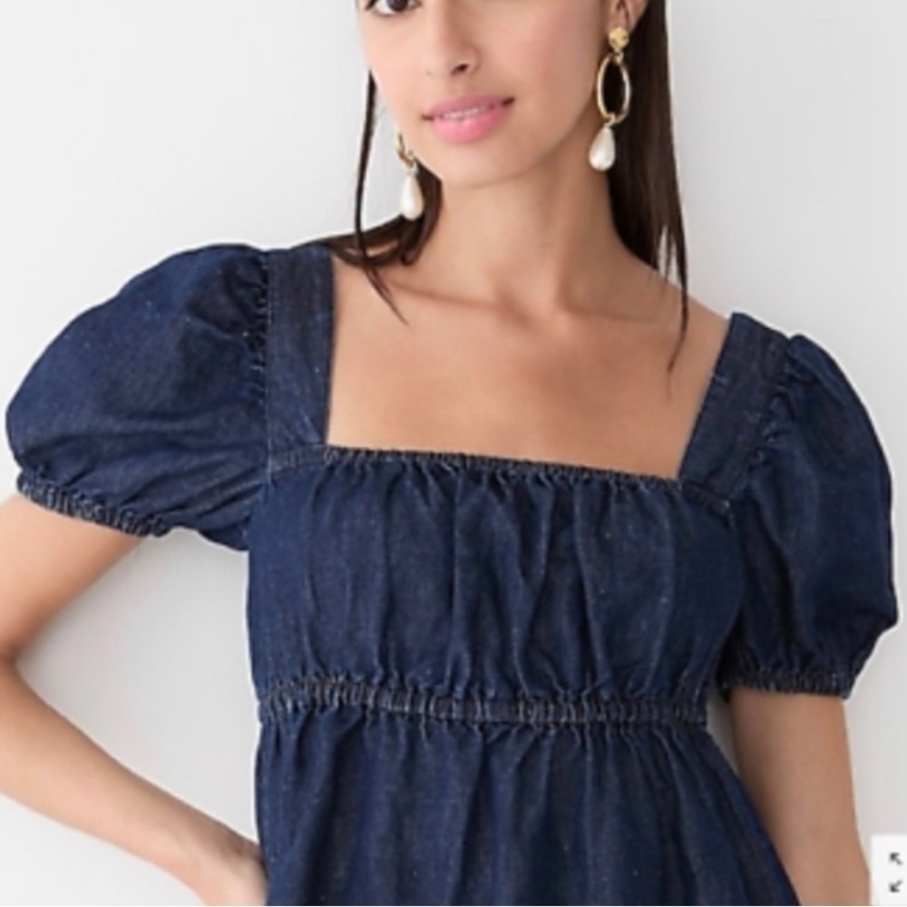 EUC J. Crew Linen Blend Denim Square Neck Puff Sleeve Dress Size 00 - Picture 2 of 9